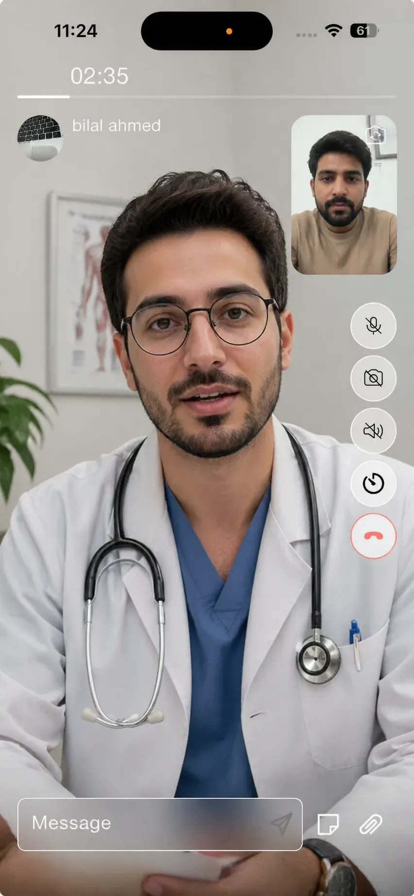 DAWI video call screen with the doctor on video, self-view, and call controls